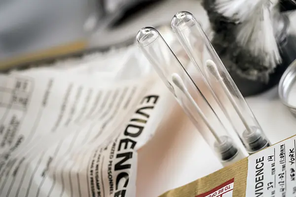 test tubes with q-tips and a bag labeled evidence
