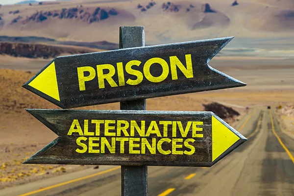 roadsign in front of a an empty road. one arrow points towards "prison" and another points the other way to "alternative sentences"