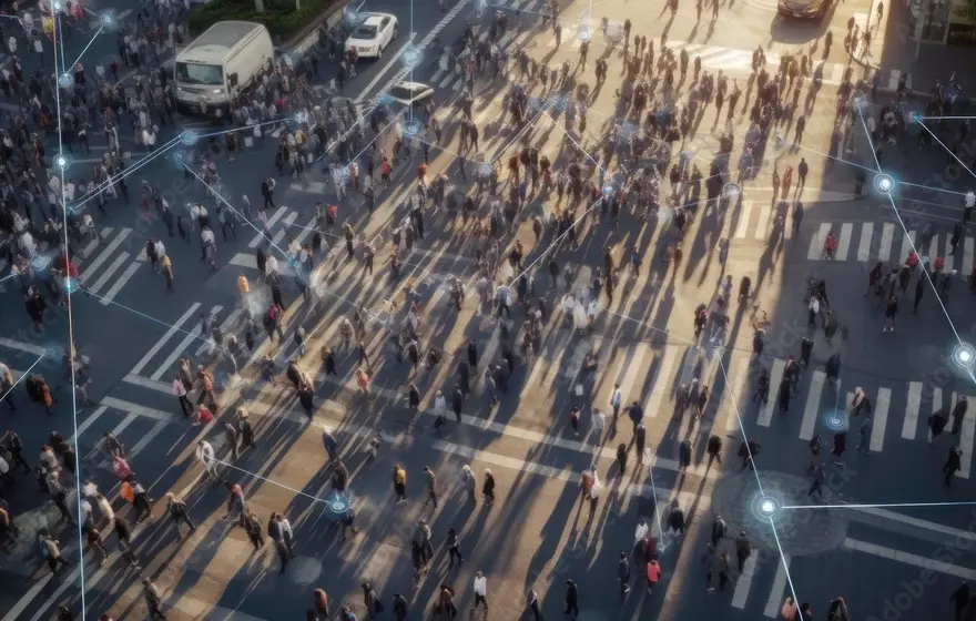overhead shot of crowd of people walking on a street. Overlaid are shining lines and dots to suggest facial recognition software being used.