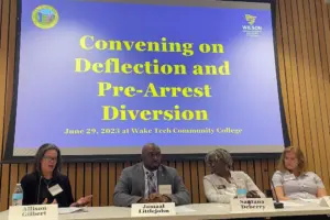 four people at a table giving in presentation. Behind them is a screen that says "Convening on Deflection and Pre-Arrest Diversion"
