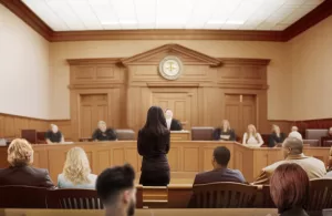 Image of courtroom. A woman stands up facing the judge's bench