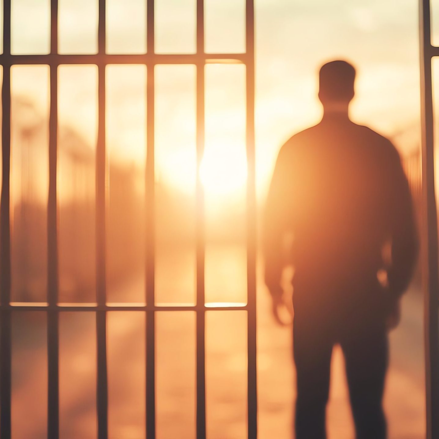 A silhouette of a person standing behind prison bars at sunset. A silhouette of a person standing behind prison bars at sunset.