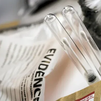 Detail of DNA sampling tubes in Laboratorio forensic equipment, conceptual image test tubes with q-tips and a bag labeled evidence